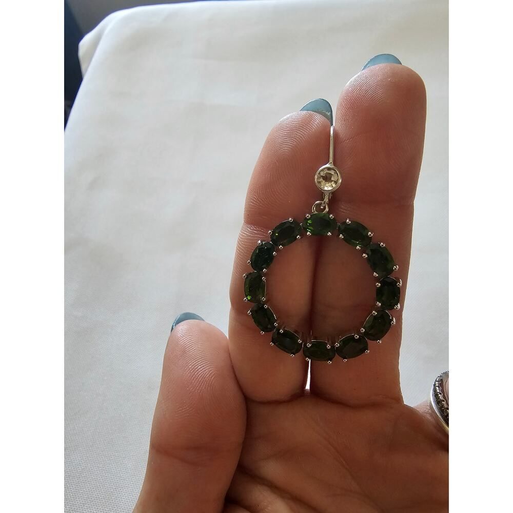 JTV Chrome Diopside White Topaz Earrings 11ct Rhodium over Silver Dangle Circle - Picture 2 of 11